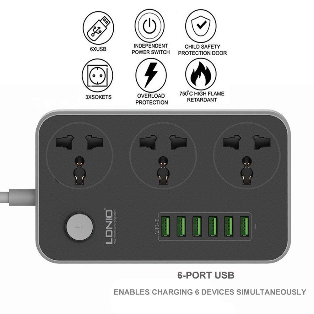 Power Strip 6 USB Port and 3-Outlet Wall Charger Station Surge Protector 10A 2500W with 6.2ft Cord